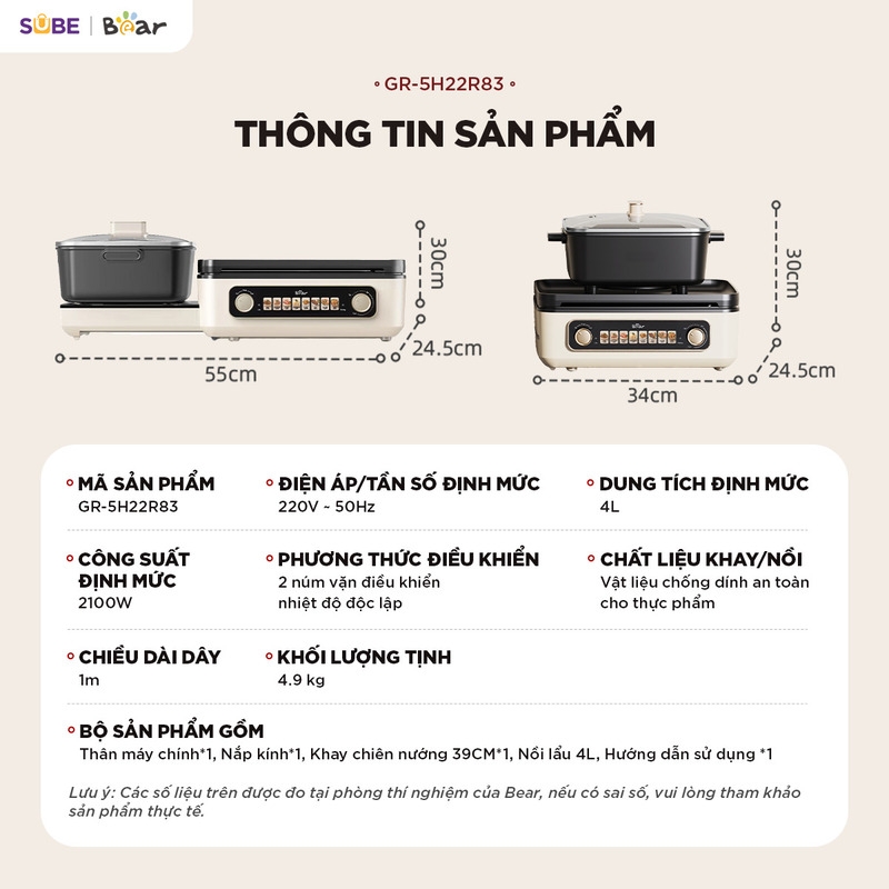 [SALE 20/10] Nồi lẩu nướng đa năng Bear 4L GR-5H22R83